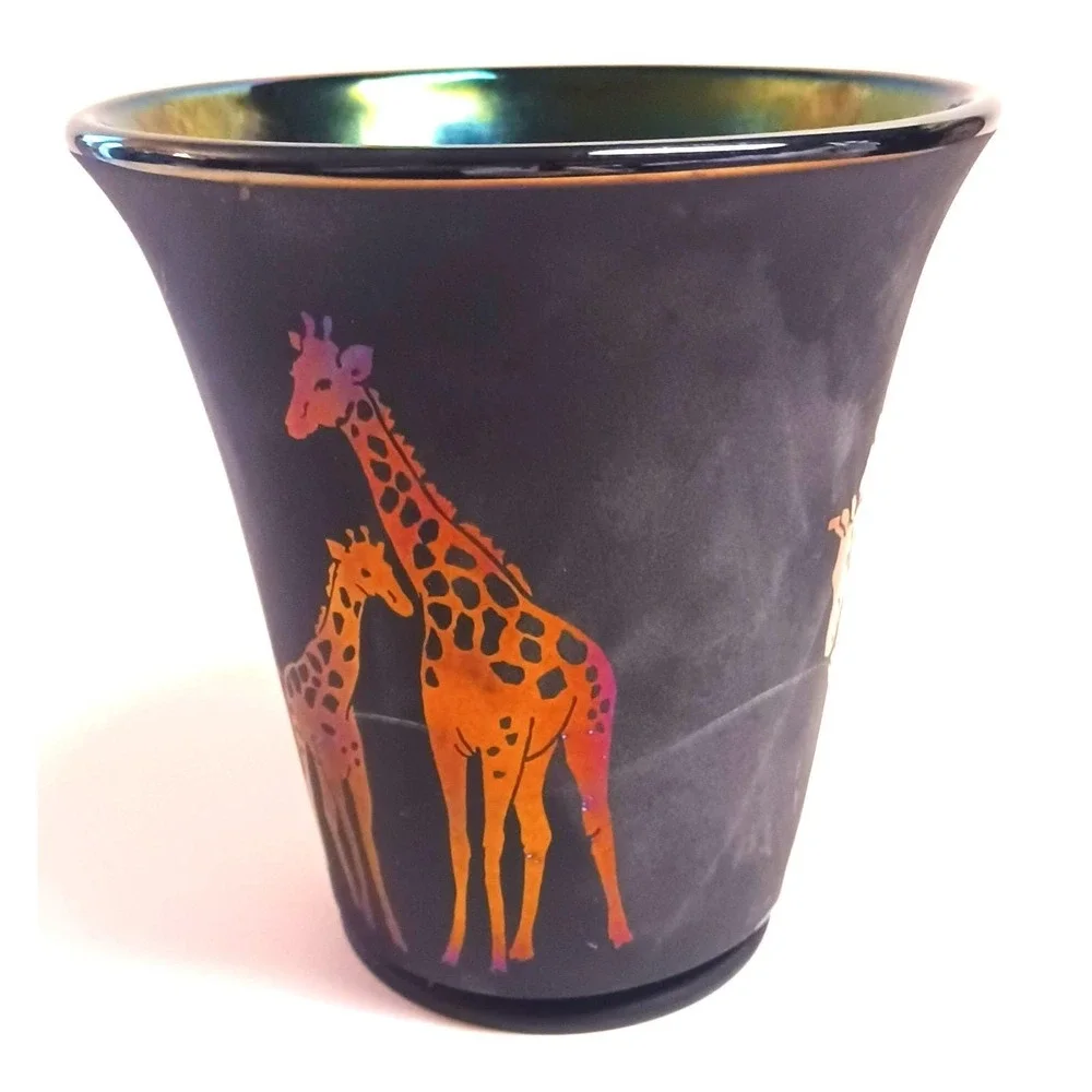 Vintage Fenton Glass OOAK Giraffe Vase Black Green Purple Sand Carved Custom